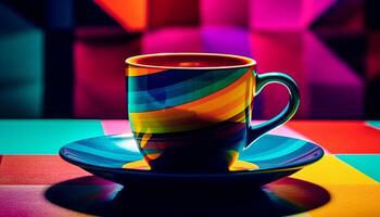 multi de colores café taza en azul mesa, No personas adentro generado por ai foto