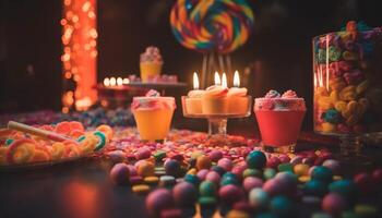 multi de colores caramelo decoración en mesa, un dulce indulgencia para celebracion generado por ai foto