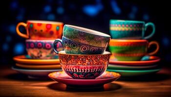 Ornate ceramics collection on wooden table in kitchenware department generated by AI photo