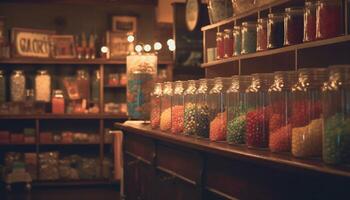 A large collection of multi colored jars on a shelf indoors generated by AI photo