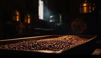 Fresco orgánico café frijoles en un oscuro cocina envase generado por ai foto