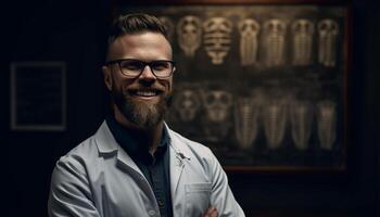 Confident young businessman with expertise in science holds success generated by AI photo