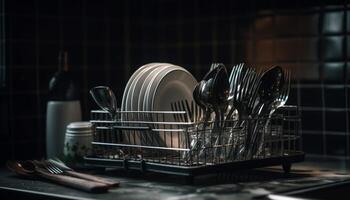 Clean silverware and crockery stack on wooden table in kitchen generated by AI photo