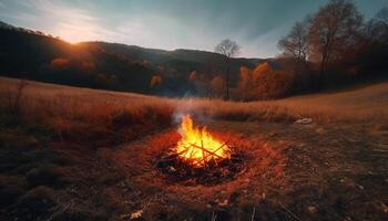 Summer campfire ignites inferno, engulfing forest in glowing flames generated by AI photo