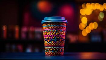 Hot coffee in disposable cup on table, illuminated by blue lighting generated by AI photo