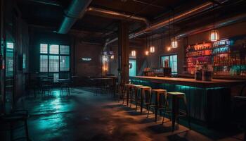 moderno Club nocturno con iluminado bar mostrador y azul Encendiendo equipo generado por ai foto