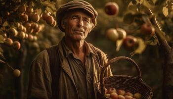 uno agricultor, al aire libre en rural escena, cosecha maduro Fruta generado por ai foto