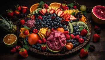 Fresh berry salad with multi colored fruit on a wooden table generated by AI photo