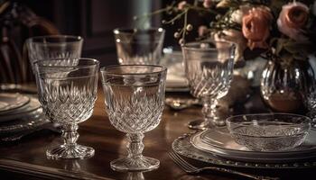 Elegant glassware collection on wooden table for luxurious celebration generated by AI photo