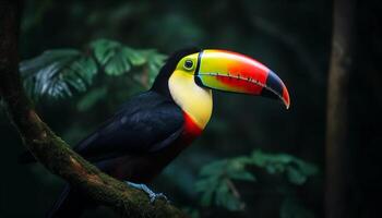 vibrante tucán encaramado en rama en tropical selva, cerca arriba retrato generado por ai foto