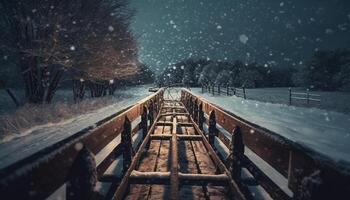 Winter landscape snow covered forest, tranquil scene, man made bridge generated by AI photo