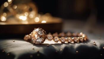 Shiny gemstone jewelry exudes elegance and glamour on golden background generated by AI photo