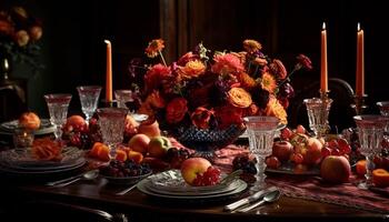 Fresh fruit and elegant flowers adorn the ornate banquet table generated by AI photo