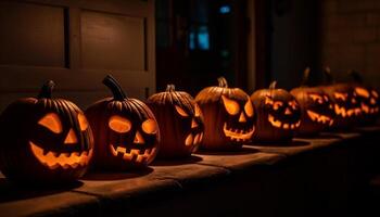 Glowing pumpkin lantern illuminates spooky Halloween night celebration generated by AI photo