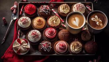 Indulgent dessert table with chocolate, cupcakes, cookies, and coffee generated by AI photo