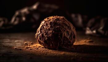 Organic chocolate truffle on rustic wooden table, indulgent dessert generated by AI photo