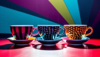 Multi colored coffee cup on wood table with saucer and liquid generated by AI photo