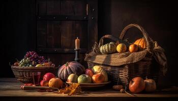 Rustic autumn decoration pumpkin basket with organic vegetable arrangement generated by AI photo