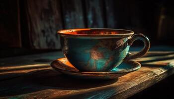 Rustic coffee table with dark mug and saucer generated by AI photo