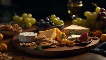 A rustic cheese board with a variety of gourmet dairy products generated by AI photo