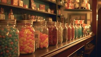 abundancia de dulce comida en multi de colores frascos en Tienda estante generado por ai foto