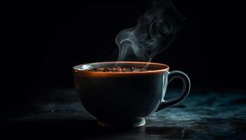 Hot coffee steams on rustic table, black background adds elegance generated by AI photo