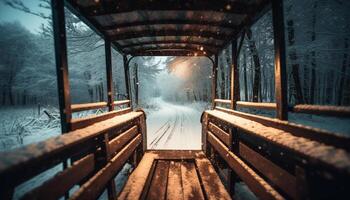 escalofriante bosque a noche, invierno nieve cubre antiguo hombre hecho puente generado por ai foto