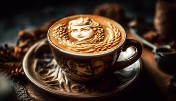 Cappuccino heat on wood table, frothy drink with elegance design generated by AI photo