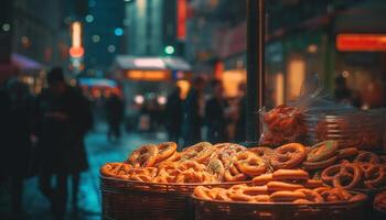 Noche bocadillo a famoso al aire libre comida mercado en bullicioso ciudad generado por ai foto