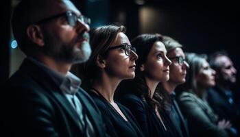 un grande grupo de profesionales en un sala, enfoque juntos generado por ai foto