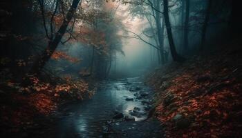 misterioso bosque en otoño, escalofriante y oscuro, mojado con niebla generado por ai foto