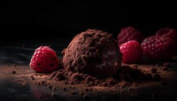 Indulgent chocolate truffle ball with raspberry and cocoa powder topping generated by AI photo