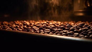 Fresh coffee bean drink on dark table, selective focus foreground generated by AI photo