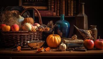 Autumn celebration rustic decoration with pumpkin, gourd, and candle generated by AI photo