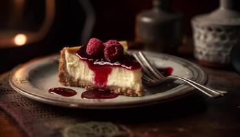 indulgente hecho en casa frambuesa tarta de queso rebanada en rústico de madera plato generado por ai foto