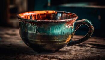 Rustic earthenware mug on old fashioned table in messy kitchen generated by AI photo