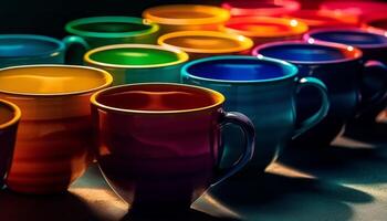 Vibrant colors of pottery mugs in a row on table generated by AI photo