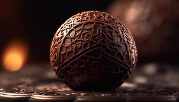 Antique chocolate ball on rustic wood table, symbol of spirituality generated by AI photo