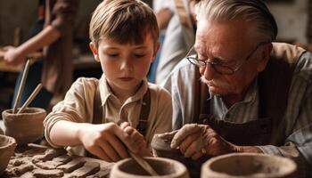 Multi generation family making pottery together, learning creativity and skill photo