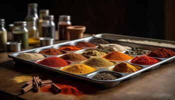 Multi colored spices in wooden bowl curry, paprika, saffron, cumin, nutmeg photo