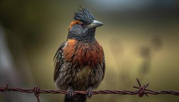 Small songbird perching on branch, looking at camera in winter photo