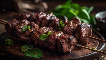 Grilled beef skewer, cooked to perfection on natural wood fire photo