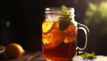 Fresh citrus mojito with lemon and lime slices on rustic table photo