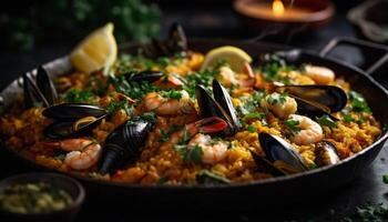 Fresh seafood paella with saffron rice, mussels, prawns, and garlic photo