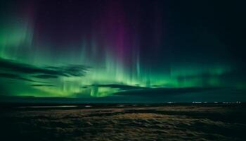 Majestic mountain range illuminated by starry night sky multi colored glow photo