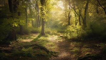 tranquilo bosque sendero, otoño hojas, misterio en el niebla generativo ai foto
