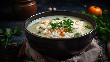 Freshly cooked vegetarian soup served in rustic wooden bowl photo