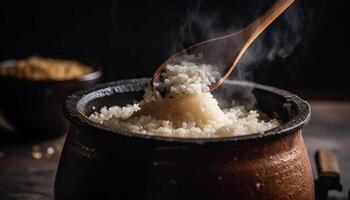 Organic basmati rice cooked steamed, healthy vegetarian lunch on wood photo