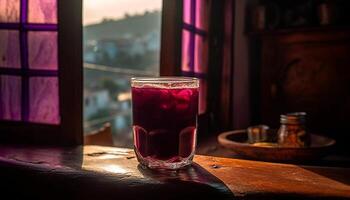 Refreshing cocktail glass on wooden bar counter at summer party photo