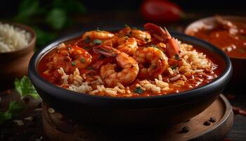 Gourmet seafood meal cooked fresh with prawn, rice, and vegetables photo